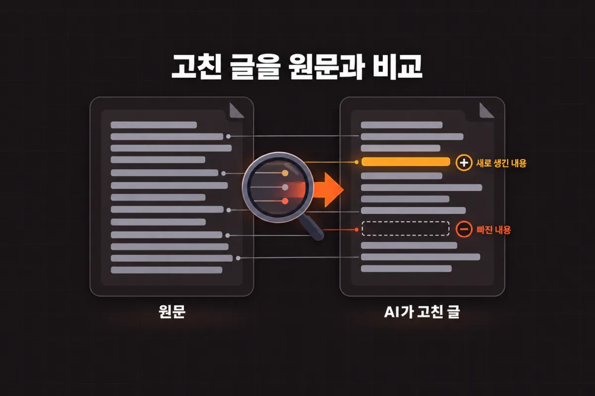 고친 글을 원문과 비교: 원문과 AI가 고친 글을 나란히 놓고 새로 생긴 내용과 빠진 내용을 찾습니다