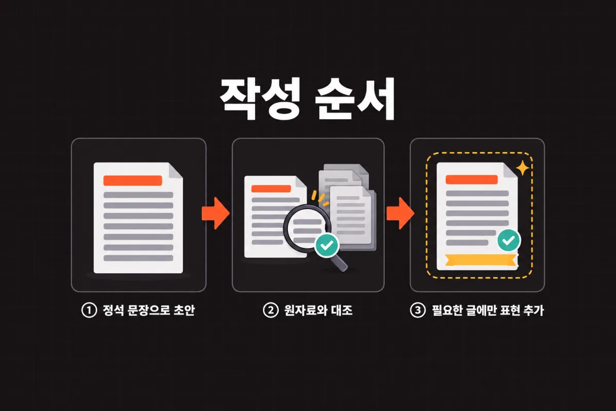 작성 순서: ① 정석 문장으로 초안 → ② 원자료와 대조 → ③ 필요한 글에만 표현 추가