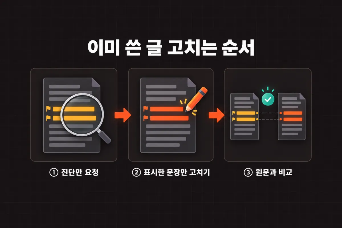 이미 쓴 글 고치는 순서: ① 진단만 요청 → ② 표시한 문장만 고치기 → ③ 원문과 비교
