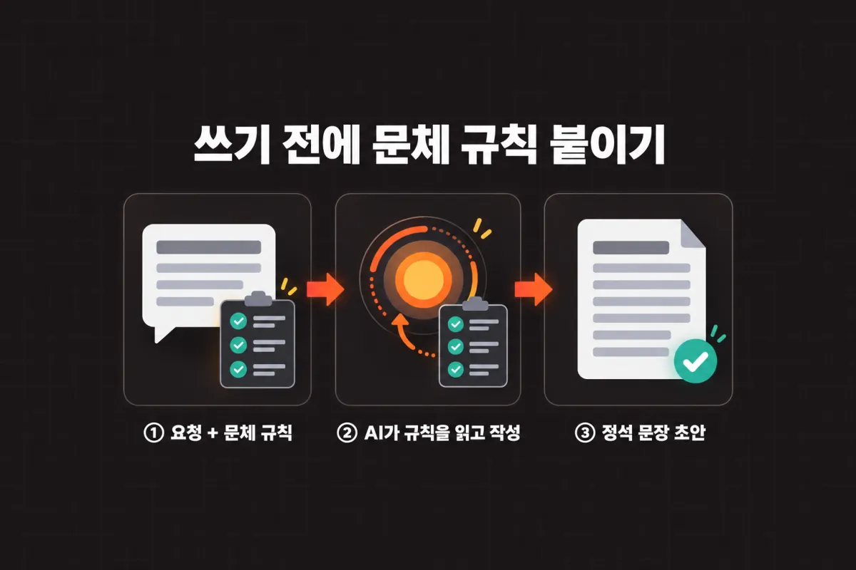쓰기 전에 문체 규칙 붙이기: ① 요청 + 문체 규칙 → ② AI가 규칙을 읽고 작성 → ③ 정석 문장 초안