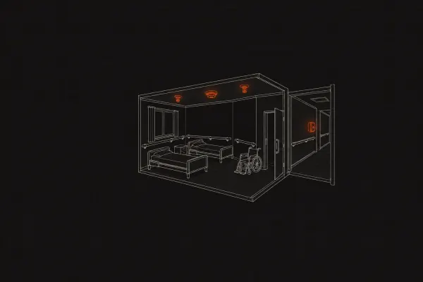 개정 내용 그림 — 노인요양시설의 빈 침실, 천장의 간이스프링클러 헤드와 감지기, 복도 벽의 자동화재 속보설비