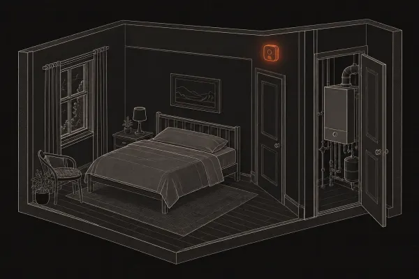 개정 내용 그림 — 가스보일러실 옆 펜션 객실, 천장 가까운 벽에 달린 일산화탄소 경보기