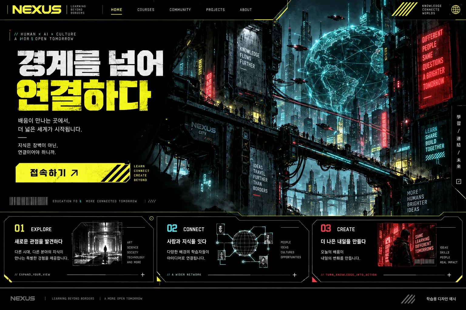 사이버펑크 학습용 웹 화면. 각진 노란 패널, 청록빛 도시와 검은 바탕, 산업적 표식과 압축된 제목.