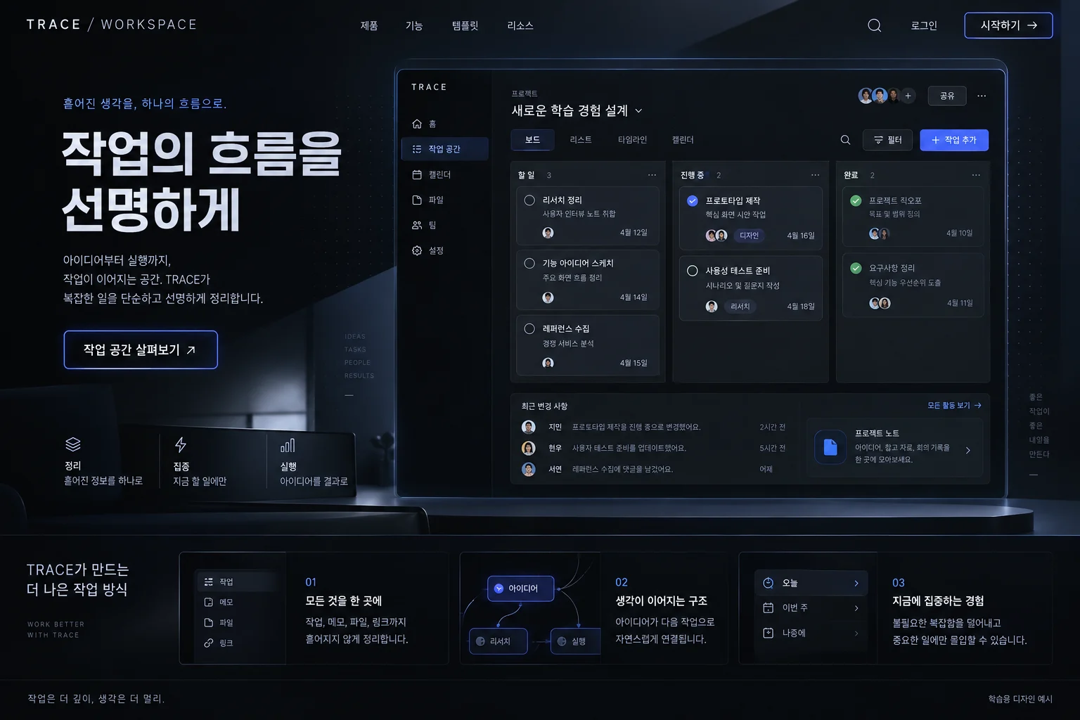다크 테크·정밀한 발광 학습용 웹 화면. 낮은 채도의 검정·청회색, 얇은 패널 경계와 푸른 가장자리 빛, 정돈된 제품 화면과 넓은 여백.