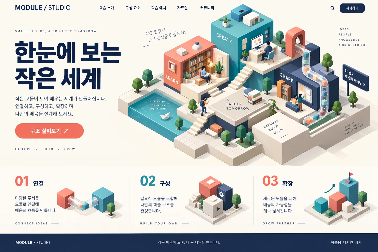 아이소메트릭 일러스트레이션 학습용 웹 화면. 같은 방향으로 정렬한 건물 축, 단면처럼 열린 작은 학습 공간, 계단과 연결 통로의 관계.